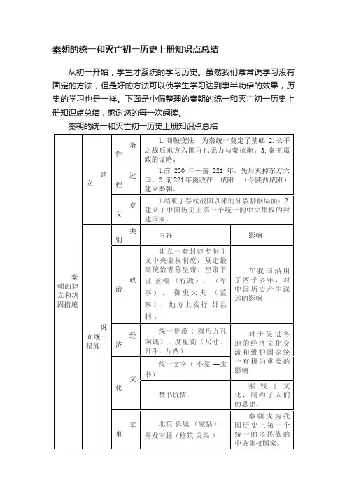 秦朝的统一和灭亡初一历史上册知识点总结