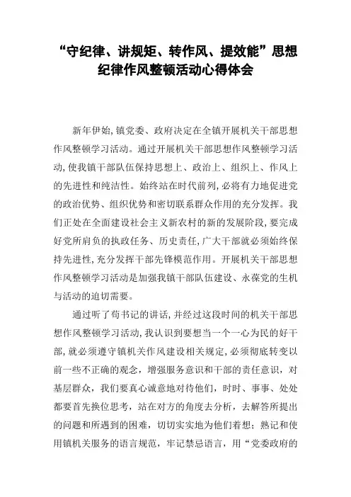 “守纪律、讲规矩、转作风、提效能”思想纪律作风整顿活动心得体会