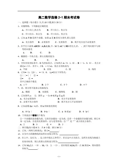 数学选修2-1期末考试卷及答案