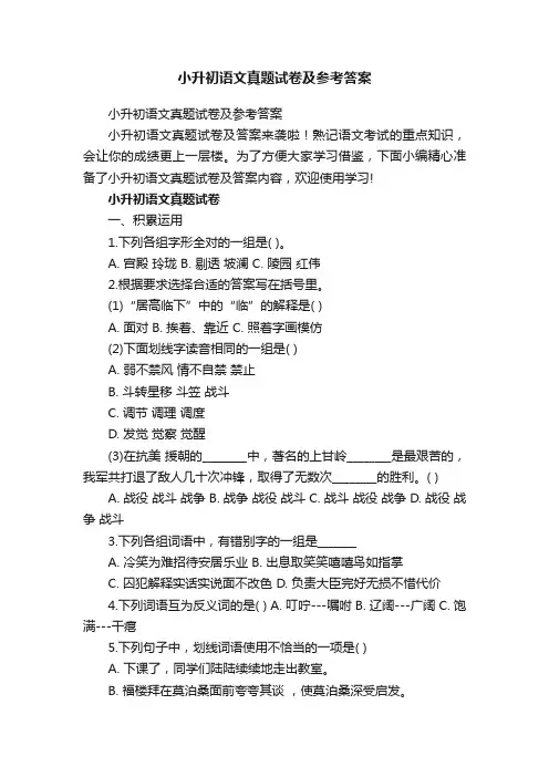 小升初语文真题试卷及参考答案