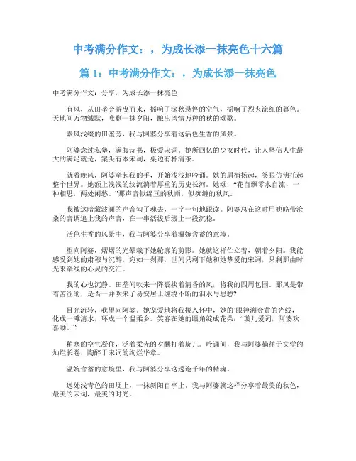 中考满分作文：,为成长添一抹亮色十六篇