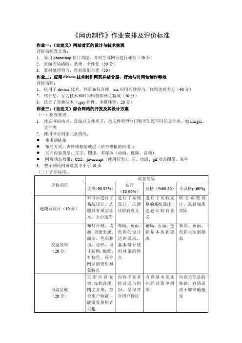 《网页制作》作业安排及评价标准