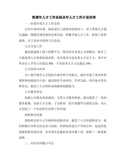 街道年人才工作总结及年人才工作计划安排