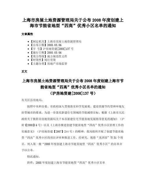 上海市房屋土地资源管理局关于公布2008年度创建上海市节能省地型“四高”优秀小区名单的通知