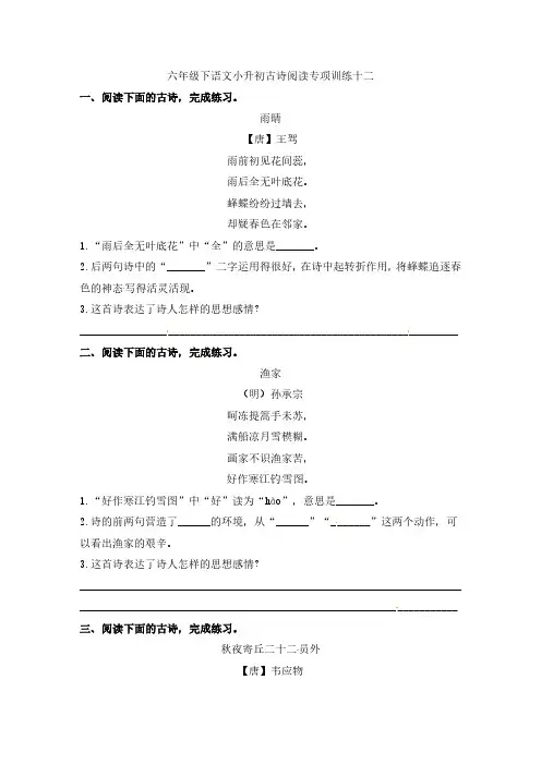 人教部编版小学语文古诗词阅读理解专项练习(十二)(含答案)