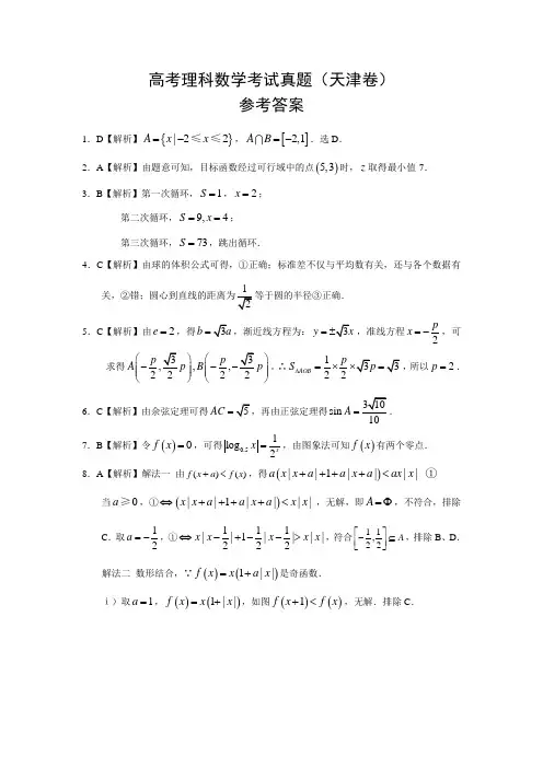 全国高考理科数学考试卷天津试卷参考答案