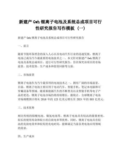 新建产Gwh锂离子电池及系统总成项目可行性研究报告写作模板 (一)