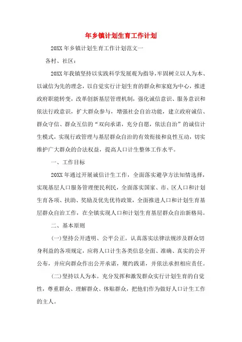 2020年年乡镇计划生育工作计划