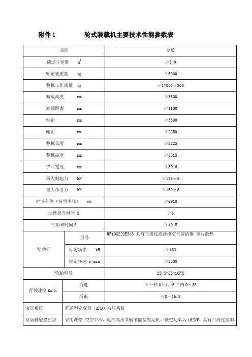 50型轮式装载机主要技术性能参数表