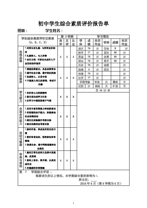 综合素质评价样表(每人一张)