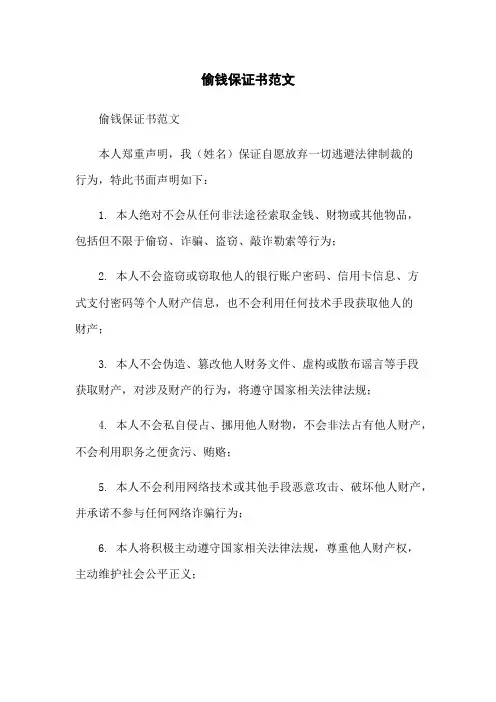 偷钱保证书范文