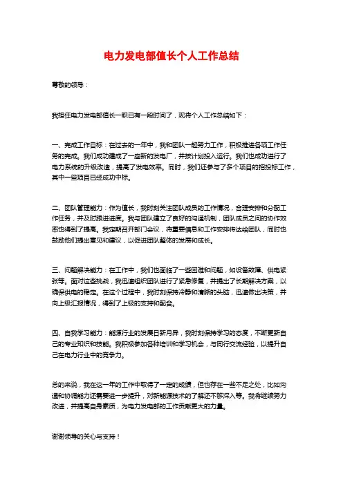 电力发电部值长个人工作总结