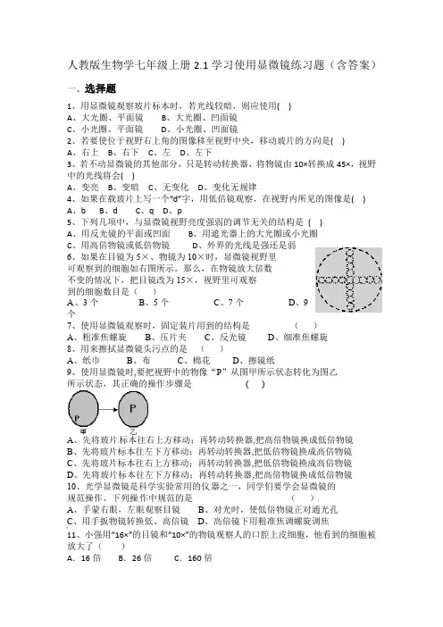 学习使用显微镜 练习-2024-2025学年人教版生物七年级上册