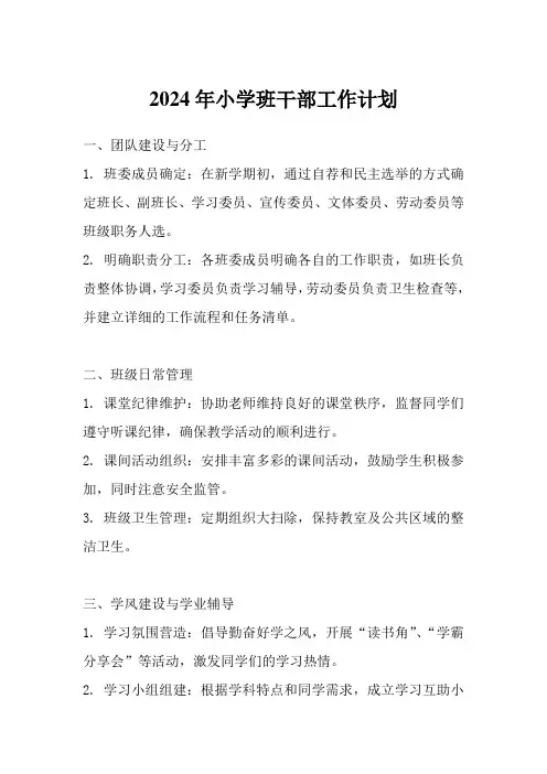 2024年小学班干部工作计划