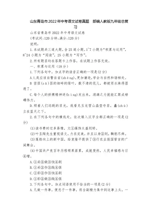 山东青岛市2022年中考语文试卷真题  部编人教版九年级总复习