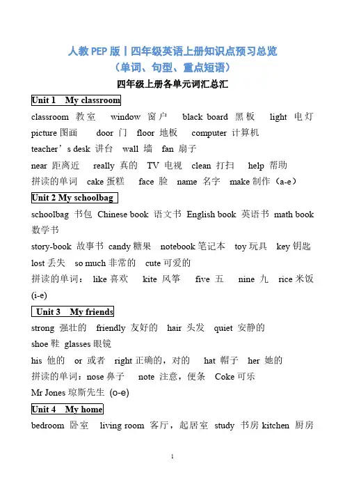 人教PEP版丨四年级英语上册知识点预习总览(单词、句型、重点短语)