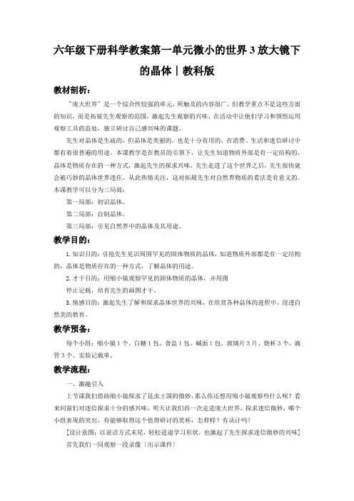 六年级下册科学教案第一单元微小的世界3放大镜下的晶体∣教科版