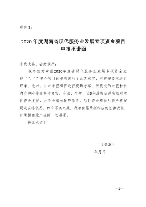 2020年度湖南省现代服务业发展专项资金项目申报承诺函