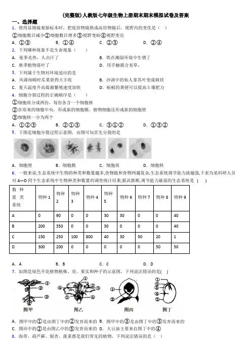 (完整版)人教版七年级生物上册期末期末模拟试卷及答案