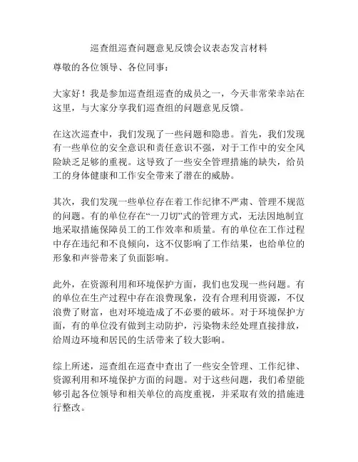 巡查组巡查问题意见反馈会议表态发言材料