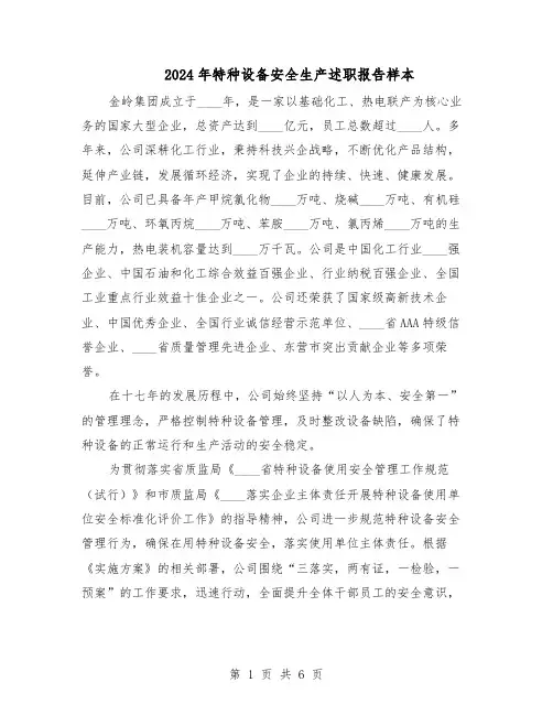 2024年特种设备安全生产述职报告样本（3篇）