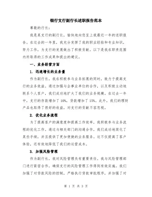银行支行副行长述职报告范本