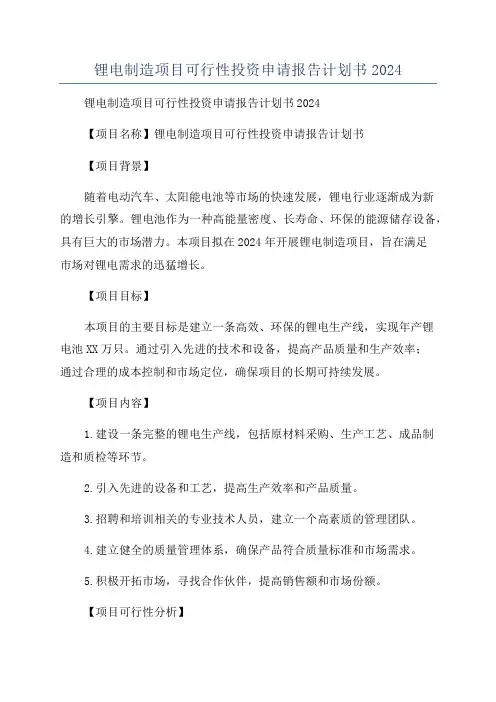 锂电制造项目可行性投资申请报告计划书2024