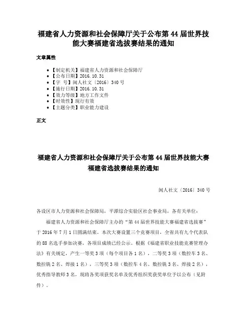 福建省人力资源和社会保障厅关于公布第44届世界技能大赛福建省选拔赛结果的通知