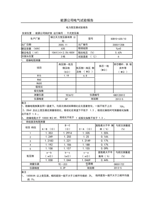 变压器调试报告标准表格
