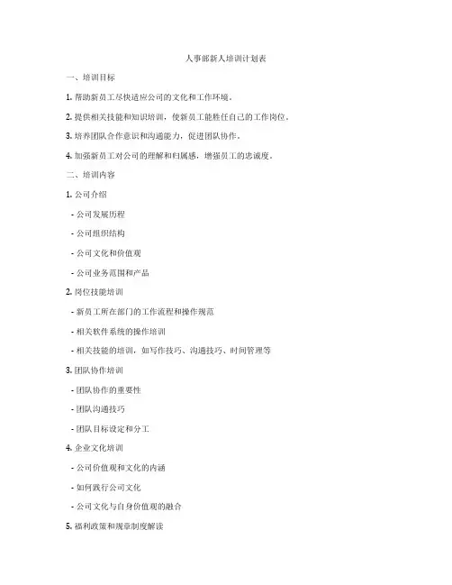 人事部新人培训计划表