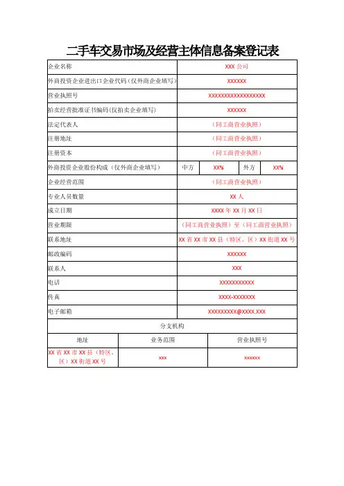 二手车交易市场及经营主体信息备案登记表