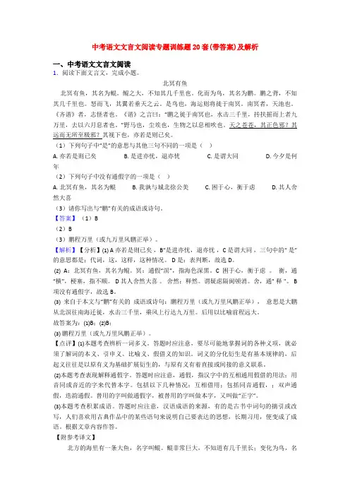 中考语文文言文阅读专题训练题20套(带答案)及解析