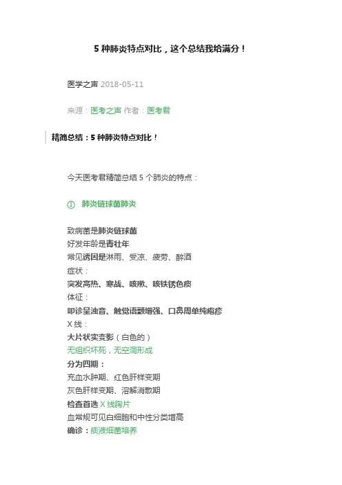 5种肺炎特点对比，这个总结我给满分！