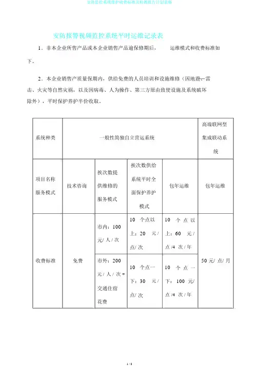 安防监控系统维护收费标准及检测报告计划表格