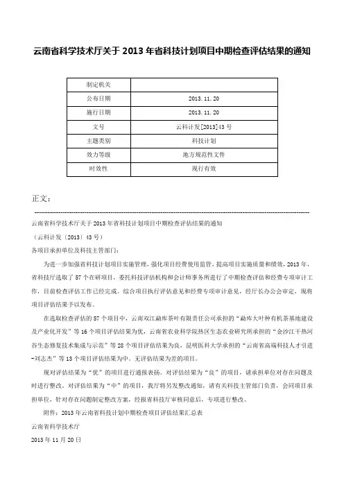 云南省科学技术厅关于2013年省科技计划项目中期检查评估结果的通知-云科计发[2013]43号