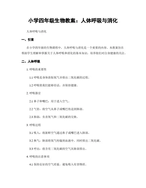 小学四年级生物教案：人体呼吸与消化
