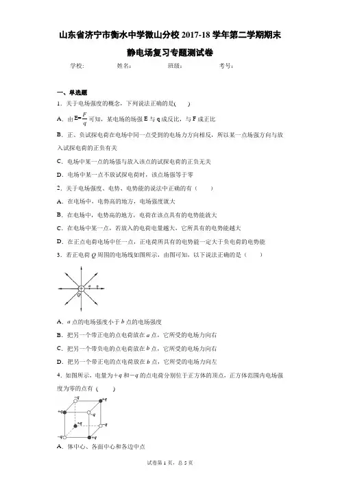 山东省济宁市衡水中学微山分校2017-18学年第二学期期末静电场复习专题测试卷含答案解析