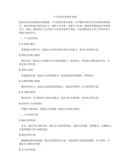 个人培训目标或计划表