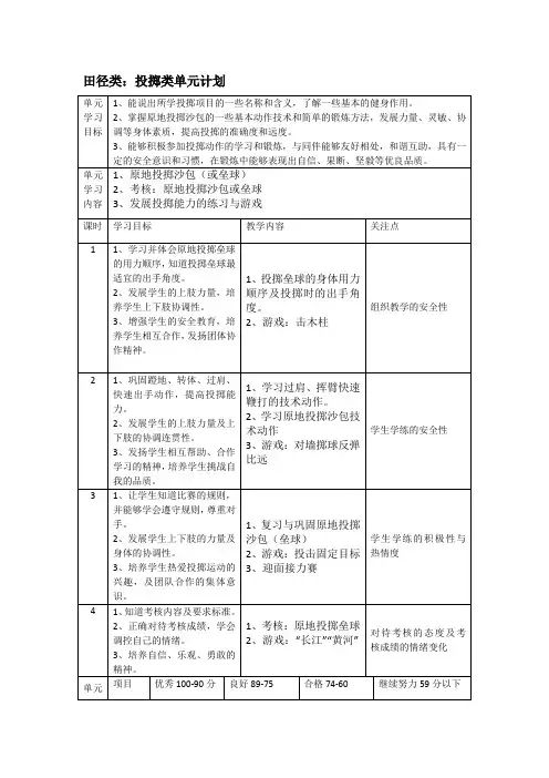 小学田径类：投掷类大单元计划