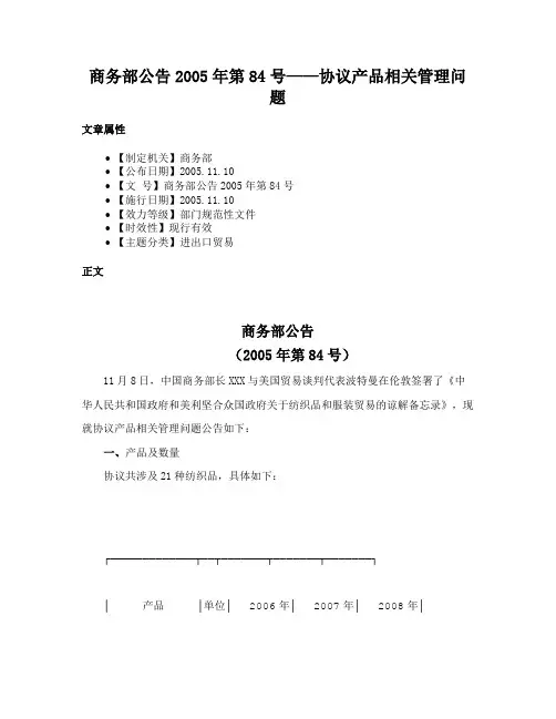 商务部公告2005年第84号——协议产品相关管理问题