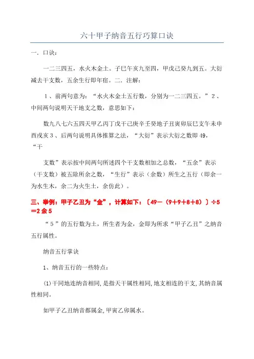 六十甲子纳音五行巧算口诀