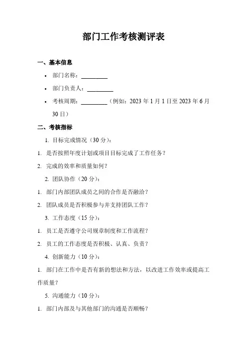 部门工作考核测评表