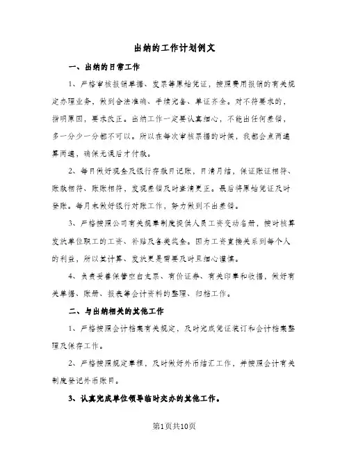 2024年出纳的工作计划例文（五篇）