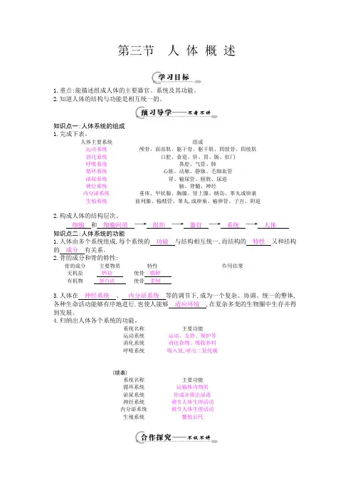 七年级生物下册第八章第三节《人体概述》导学案