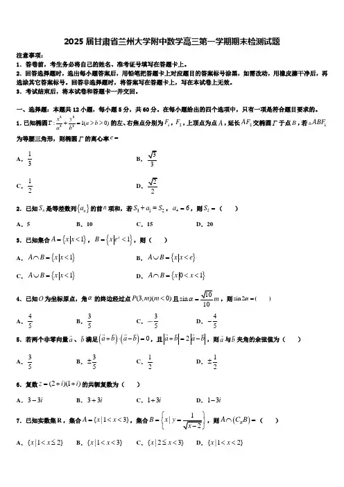 2025届甘肃省兰州大学附中数学高三第一学期期末检测试题含解析