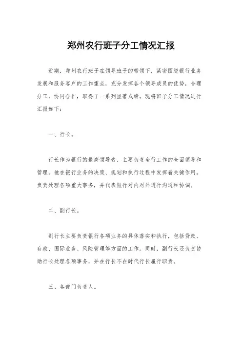郑州农行班子分工情况汇报