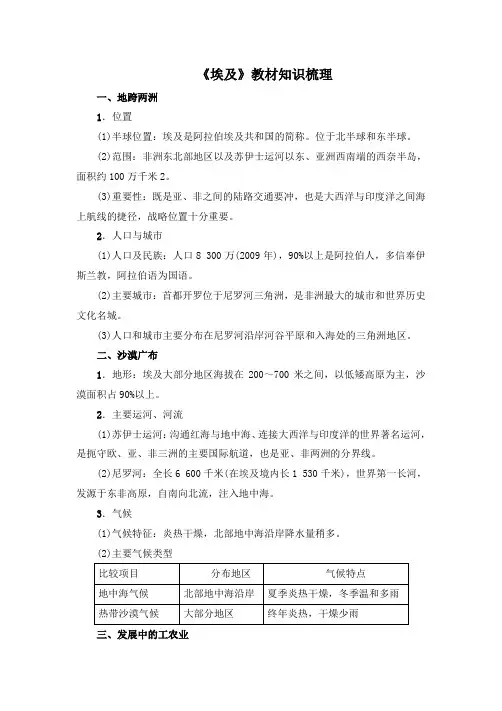 湘教版地理七年级下册8.2《埃及》教材知识梳理