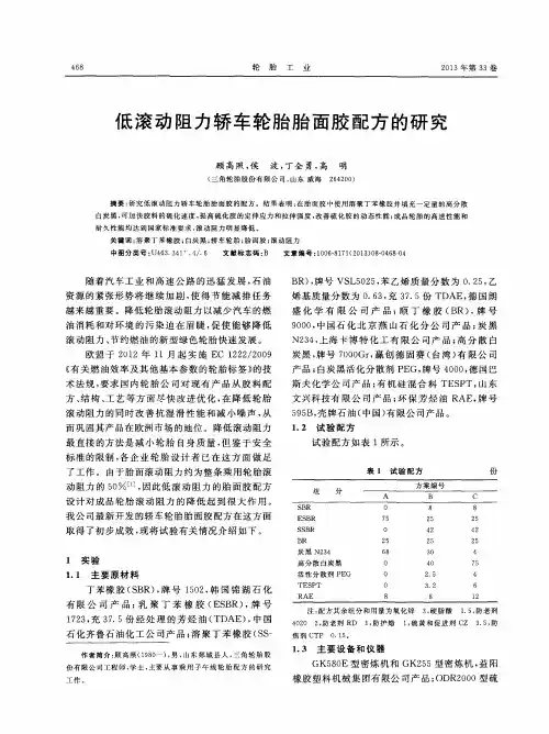 低滚动阻力轿车轮胎胎面胶配方的研究