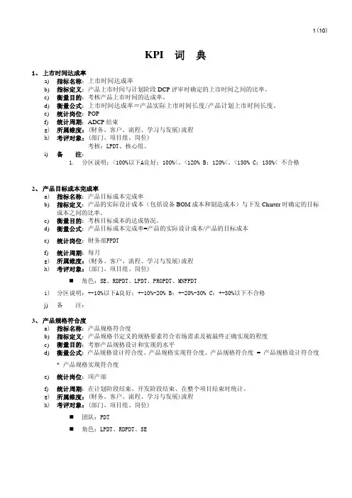 研发体系KPI词典