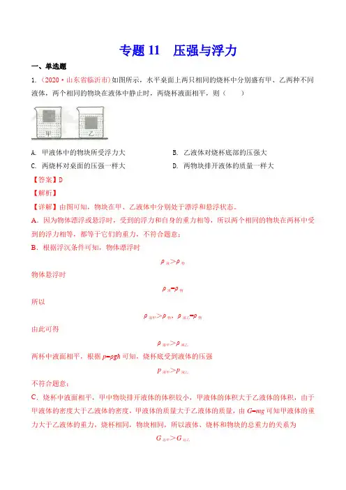 专题11 压强与浮力(解析版)